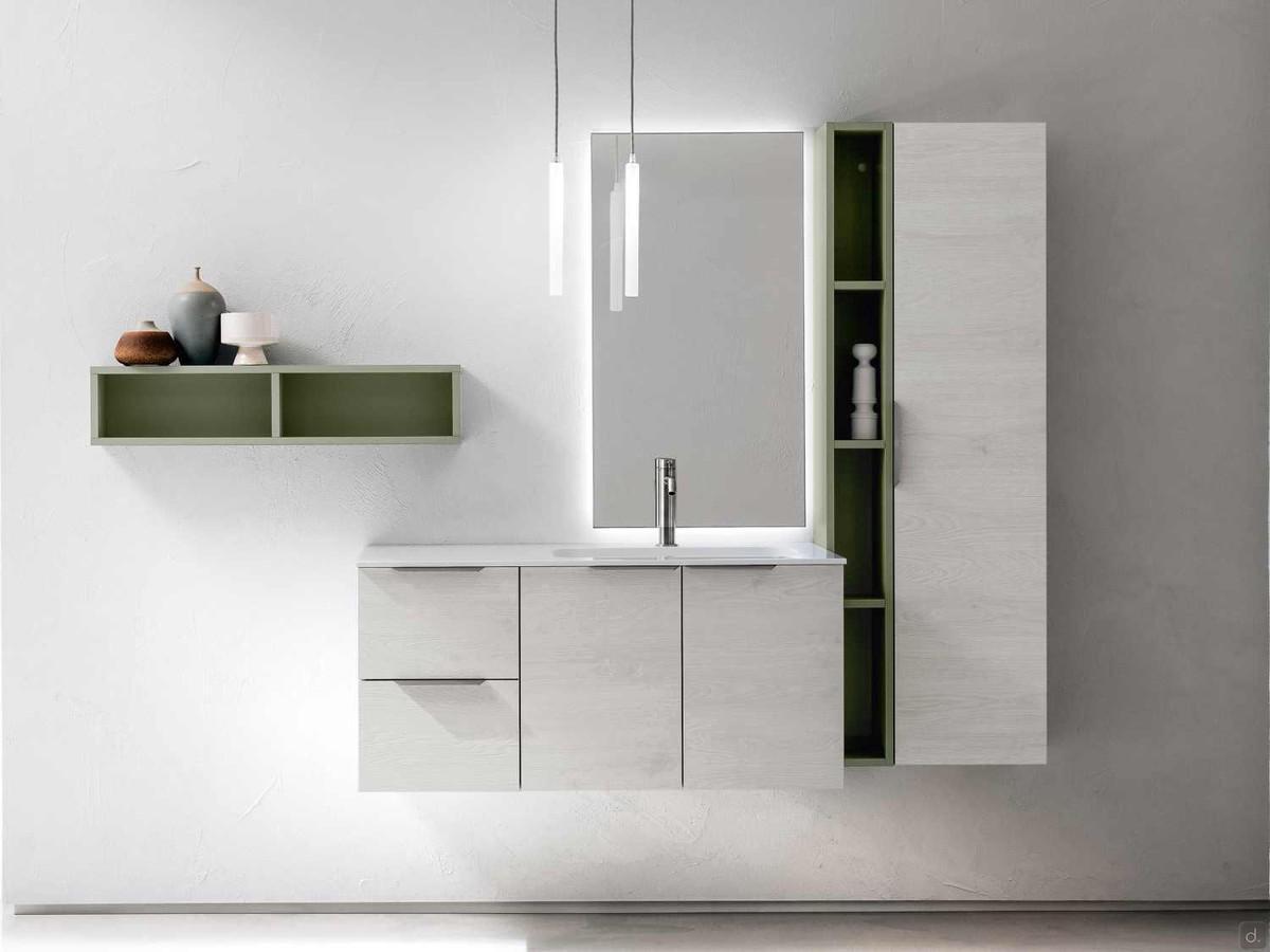 Atlantic N84 Badezimmerschrank mit Oberschrank und offenen Fächern - Unter- und Oberschrank in passender Farbe und kontrastierenden offenen Elementen.