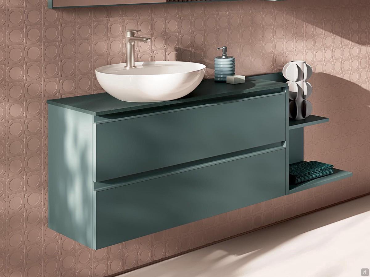 Tiefenreduzierter Badschrank mit Aufsatzwaschbecken Atlantic, hier in einer Version mit zwei Schubladen je 25 cm, ergänzt durch ein Waschbecken Form45 und ein seitlich offenes Element