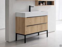 Atlantic Unterschrank mit zwei Schubladen und Griff, Modell 65, in voller Breite, ergänzt durch einen weißen Waschtisch aus Keramik Elegance