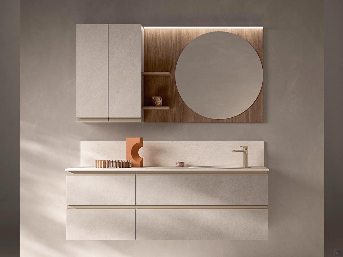 Wandbadezimmermöbel mit Ablagen und Spiegel N116 - Atlantic - Komposition aus Melaminharzbeschichtung mit Stein-Optik 285 Mud mit Spiegel aus Melaminharzbeschichtung mit Holz-Optik 283 Cumin - Waschbecken aus Keramik, weiß glänzend