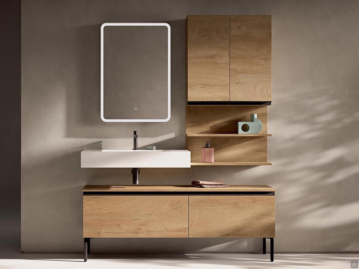 Bodenstehender Badezimmerschrank 37 cm tief - ganz aus Melaminharzbeschichtung in Holzoptik - 276 Kiki. Unterschrank aus lackiertem Metall auf Füßen - M5 Wolf Opaque