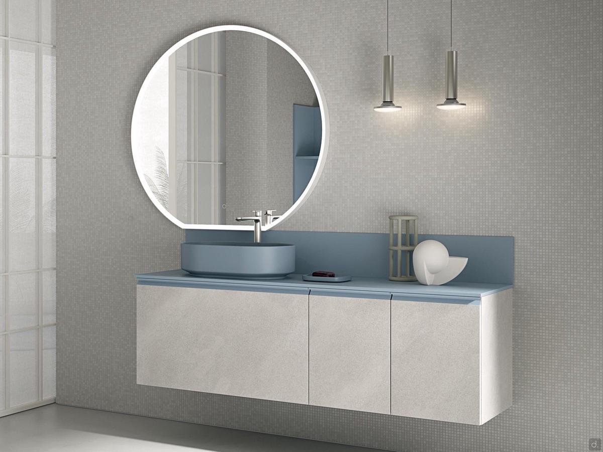 Badezimmerschrank mit farbigem Waschbecken und Abdeckplatte in Minera-kolor N119 Atlantic, optional mit Aufkantung und Spiegel