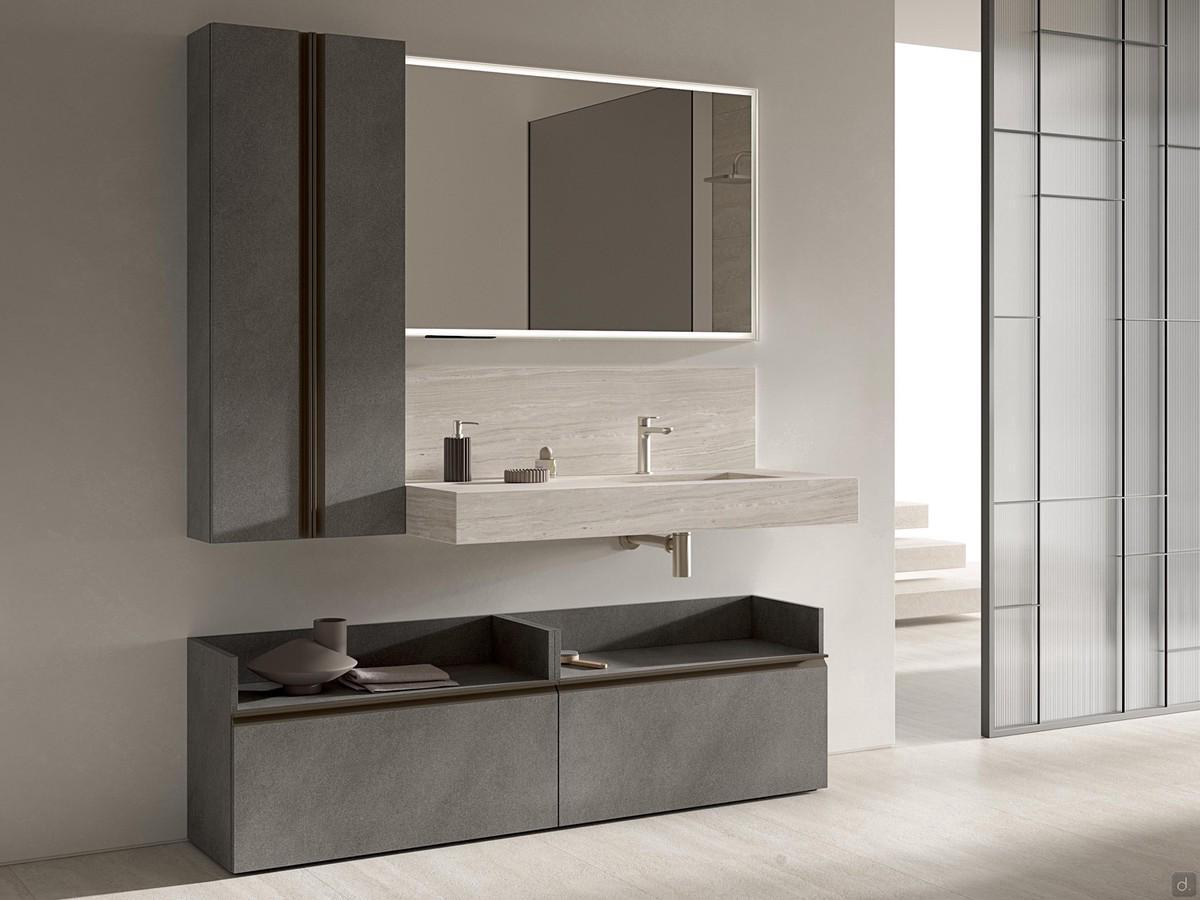 Badezimmerschrank mit Regal und Standunterschränken N120 Atlantic, komplett mit Hängeschrank mit zwei Flügeltüren und rechteckigem Spiegel mit in den Rahmen integrierten LEDs