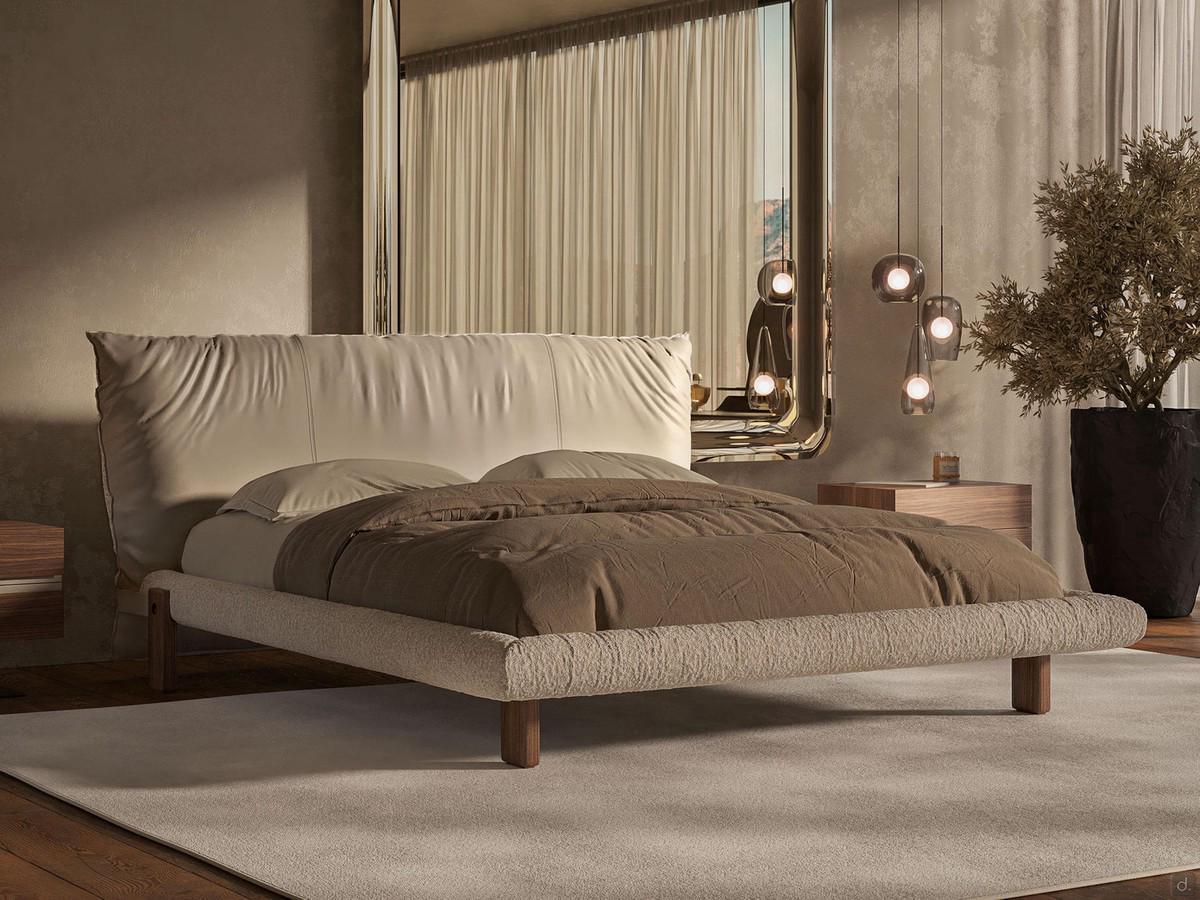 Bett mit Kopfteil aus Stoff und Leder Pascal von Cattelan, mit Massivholzfüßen und dünnem, abnehmbarem Bettrahmen