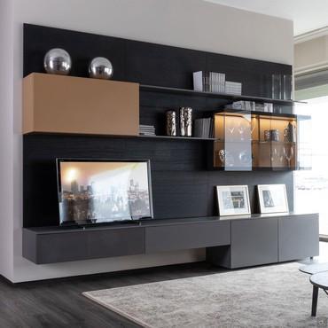 Moderne Wohnwand mit Vitrine Plan 28.