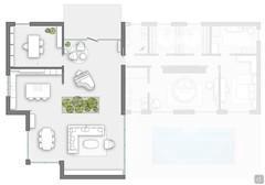Grundriss der Villa: der Wohnbereich mit Eingangshalle, Arbeitszimmer, offenem Wohn- und Esszimmer und Küche