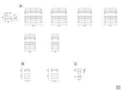 Agadir modulares Ecksofa Maßdiagramme: A) lineares Sofa und Sessel B) quadratische und rechteckige Ottomane C) optionale Kopfstütze