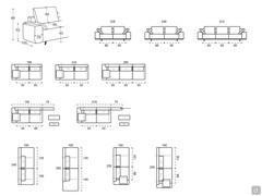 Für das Shirley-Sofa verfügbare Modularitäten: linear, Abschlusselemente, Abschlusselemente mit Meridienne-Eckverlängerungen und Abschlusswinkel
