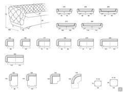 Elemente und Modularität für das Sofa Oban: lineare Sofas, Abschlusselemente, Chaiselongue, geschwungene Ecke, Halbinsel-Ecke und Ottomane