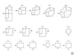 Modularität und Abmessungen für das Nevis-Sofa: Meridienne-Ecke, quadratische Ecke und geformte Eckelemente, Panorama-Endstücke, Pouf-Halbinsel und Ottomane