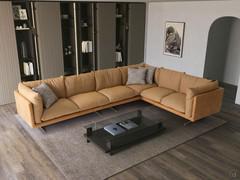 Aker Sofa in einer großen Eckkomposition, bestehend aus zwei 175 cm langen Abschlusselemente (eines links und eines rechts, die die Ecke bilden) und einem 155 cm langen Abschlusselement