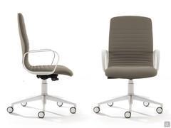 Mark Home-Office-Stuhl, heb- und drehbar mit Schwingmechanik mit zentralem Drehpunkt; taubenfarbige Polsterung, Fußkreuz und Armlehnen aus weiß lackiertem Aluminium