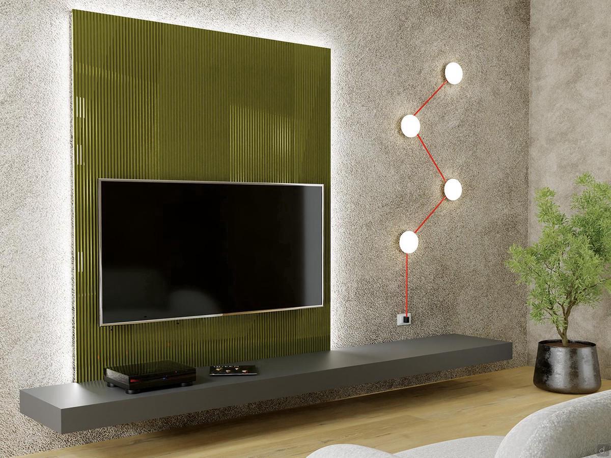 Niagara TV Stand Paneel hinterleuchtet auf der Seite und oben, ruht auf der Unterseite des hängenden Holzregal, um ein Wohnzimmer Wand zu schaffen