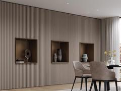 Wohnwand mit beleuchteter Nische Lounge mit Plissee Fronten