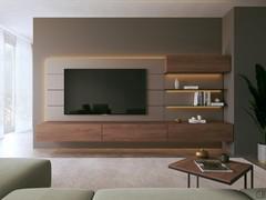 Wohnzimmer-Wandsystem mit Boiserie Replay 06 – hier mit einer Breite von 360 cm, Unterschränken und Oberschränken von 120 cm, komplett mit LED-Beleuchtung mit unter den Oberschränken eingebauter Leiste, Magnetleisten unter den Regalen und umlaufendem Lich