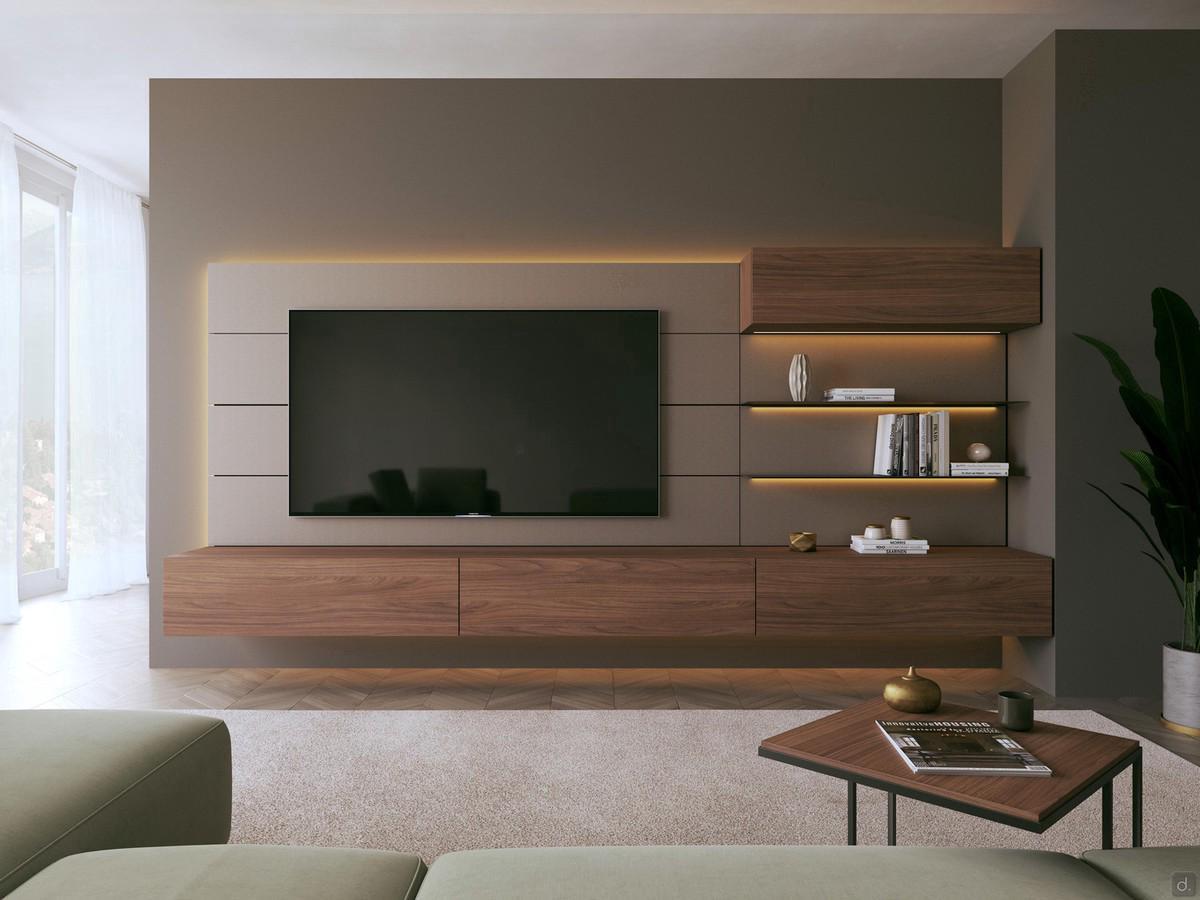 Wohnzimmer-Wandsystem mit Boiserie Replay 06 – hier mit einer Breite von 360 cm, Unterschränken und Oberschränken von 120 cm, komplett mit LED-Beleuchtung mit unter den Oberschränken eingebauter Leiste, Magnetleisten unter den Regalen und umlaufendem Lich