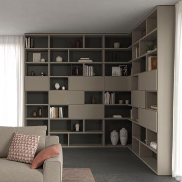 Corner bookcase with doors Aliant 10 in Arena Matt Lacquer and backs and Modica Matt Lacquer