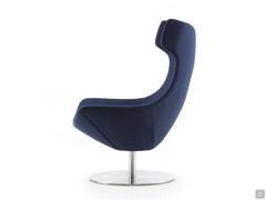 View from the side of Olivia armchair with chromed swivel base