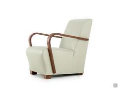 Dallas leather low lounge chair with Canaletto walnut curved solid wood armrests