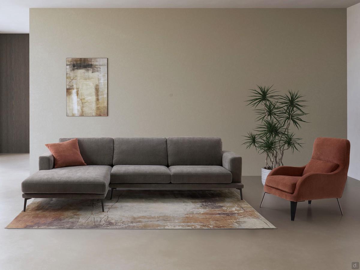 Modern living room with Mabel armchair and Agadir modular sofa from the same upholstery collection