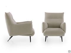 Side and front view of the Tangeri armchair highlighting its compact proportions and soft, welcoming upholstery