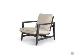 Halley low armchair with solid wood frame, Ghost leather upholstered shell and fabric cushions