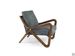 Jody upholstered armchair with armrests and curved solid wood frame in Canaletto walnut or ash wood essence