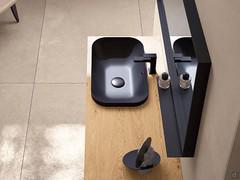 Top view of the Frame Recessed bathroom unit with matt black ceramic washbasin on oak veneered wood top