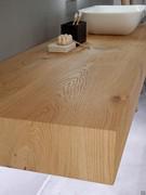 Wall-mounted wall shelf for bathroom with Atlantic washbasin in oak veneer. Also available in melamine, HPL, stoneware or resins such as mineralguss, tekor and corian