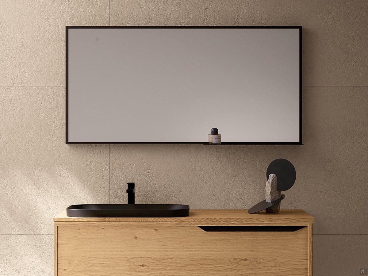 Frame Recessed bathroom furniture in the suspended version with one drawer oak veneer, Civita model countertop washbasin in matt black ceramic