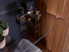 Detail of the glass shelves in the open column, which can be illuminated with an optional LED on the top