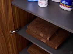 Detail of the interior shelves, in orion grey melamine, in the initial column with two hinged doors