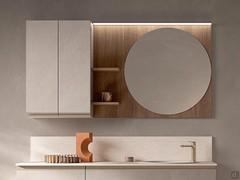 Hinged wall unit with two doors coordinated in finish and opening to the base units. Mirror with shelves in wood-effect melamine 283 Cumin