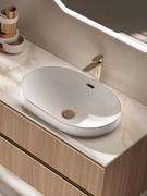 Detail of Jes basin, oval and recessed above countertop in polished white ceramic