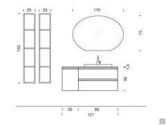 Diagram and dimensions of the individual elements that make up the Atlantic N117 bathroom furniture. Mirror and open tall units can be separated to purchase the washbasin base unit alone.