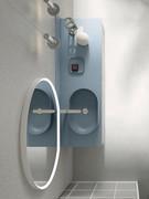 Top view of coloured ceramic washbasin and Minera-kolor top, here in matching Ceruleo (top) and Polvere (washbasin) finish
