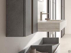 20.8 cm deep hinged wall unit and wall-hung stoneware shelf with integrated basin, 51 cm deep and fixed to the wall with three concealed brackets