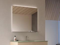 Net backlit bathroom mirror with optional lower shelf in brushed aluminium
