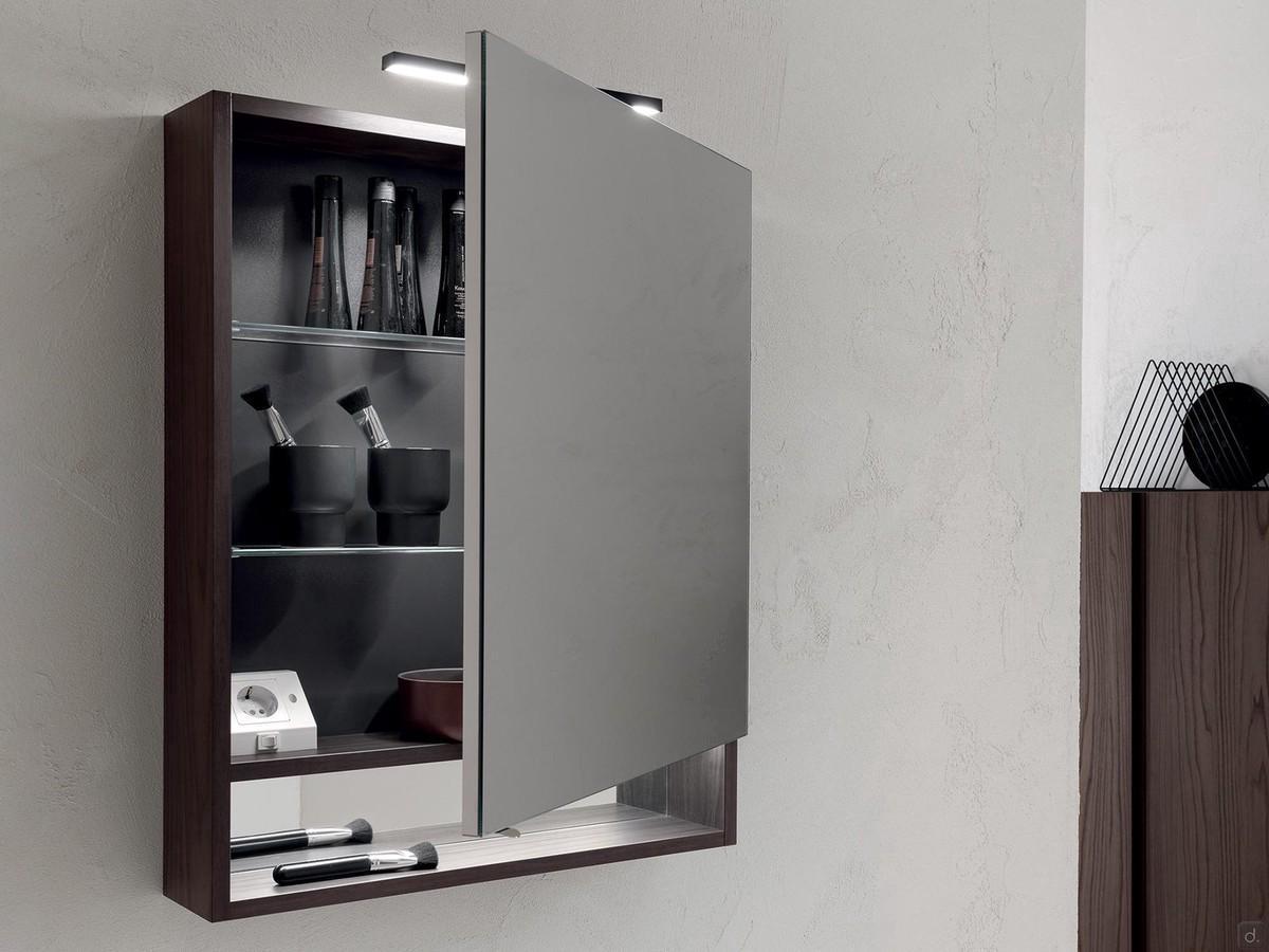 Stocky bathroom storage mirror with lower open compartment and LED lighting with spotlight model Tod