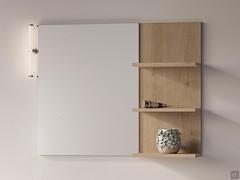 Wall unit composition made by combining Wap mirror, Roll 30 spotlight (mounted vertically on the side) and shelf with wood-effect melamine back panel