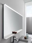 Wap rectangular mirror equipped with both optional extras: full-width Gae spotlight (one of several models available) and aluminium lower shelf, matching the frame