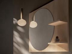 Screen mirror with round mirror and side shelves in wood-effect melamine 281 Sunflower. Also available in matt and glossy lacquered, coloured melamine or oak veneered wood