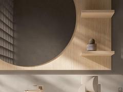 Detail of the side shelves on the Screen mirror, for storing small everyday objects and making the most of the bathroom wall