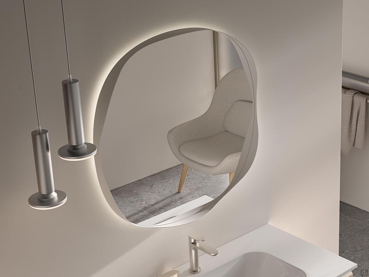 Wave backlit bathroom mirror featuring a wavy matt lacquered white metal frame and the possibility of adjusting the colour tone of the perimeter LED