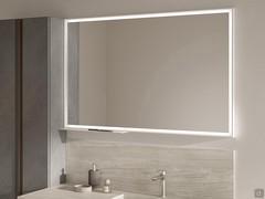 Aura mirror with white matt lacquered frame and integrated LED lighting. Mirror dimensions cm 120 with optional matching shelf cm 60