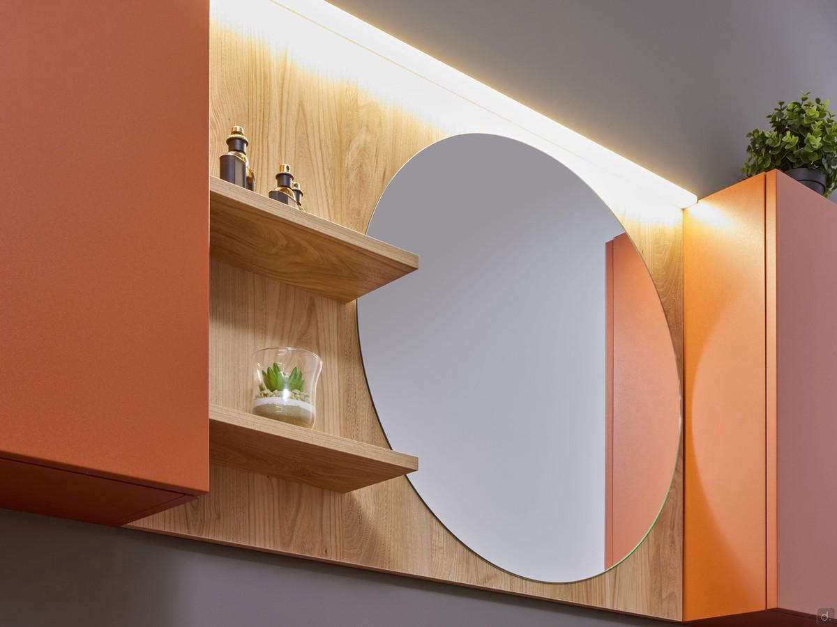 Screen round bathroom mirror with back and side shelves in wood-effect melamine board 278 Almond