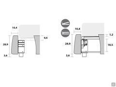 Bayport upholstered bed with double headboard - Dimensional diagrams for variants without box (left) and with box (right)