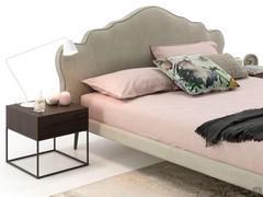 Detail of bed Belle with shaped upholstered headboard and thin upholstered bed frame