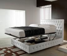 Lone upholstered bed with storage box and double lift up mechanism