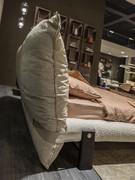 Rear view of the Pascal two-tone bed headboard, with leather band at the back of the upholstery